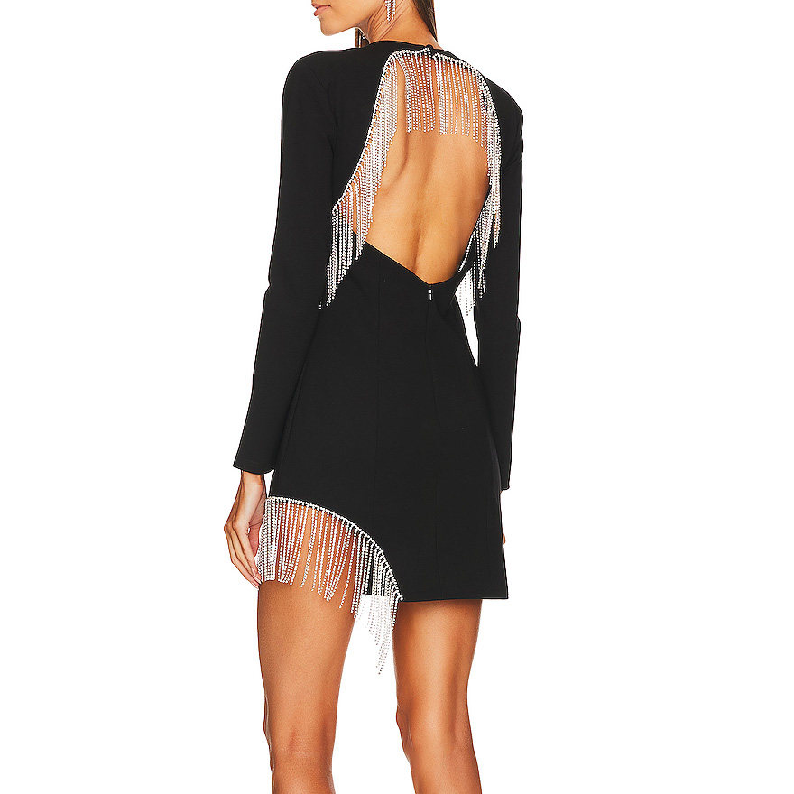 CUSTOMIZED DESIGN LONG SLEEVE OPNE BACK CRYSTAL FRINGE HOT SEXY BLACK COCKTAIL MINI DRESSES FOR WOMEN